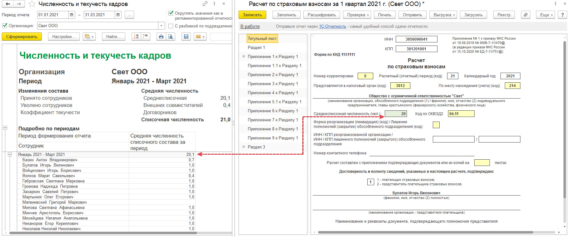 Где в 1с посмотреть среднесписочную численность работников